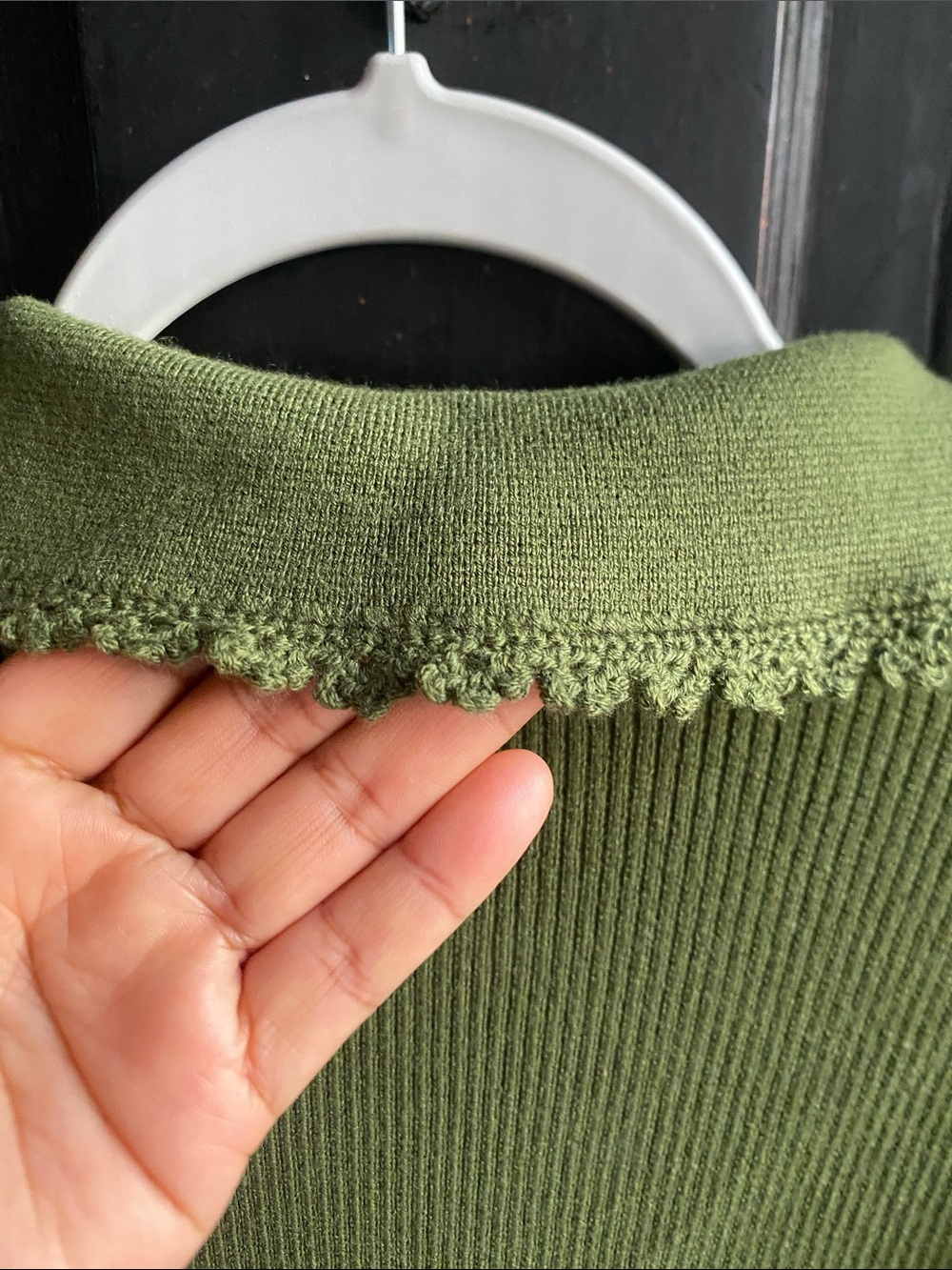 Sezane Olive Green Ribbed V-Neck Sweater with Notched Collar - Picture 8 of 10